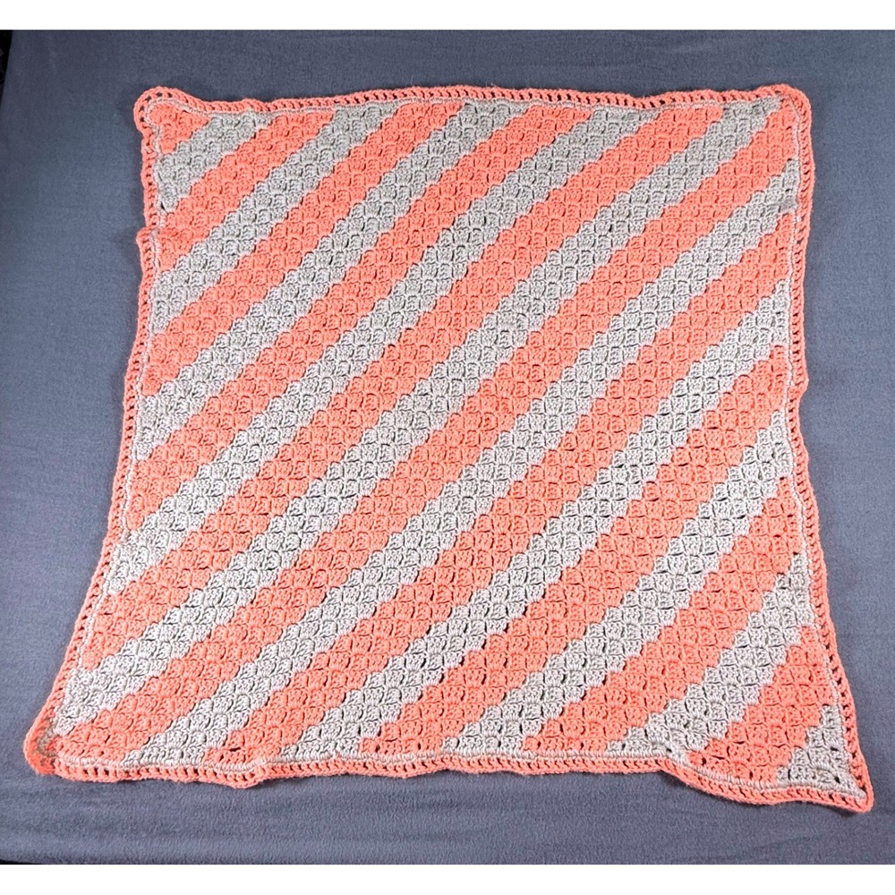 Handmade Crochet Afghan Coral Gray Diagonal Stripe Throw Baby‎ Blanket Square